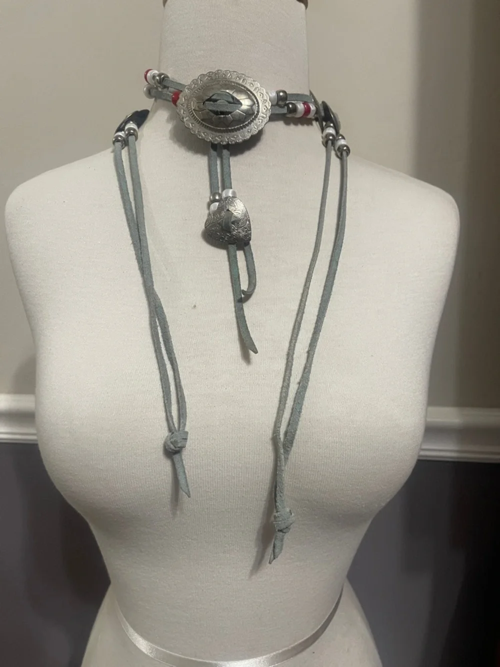 Western Boho Silver Heart & Oval Concho Suede Beaded Waist Chain Belt